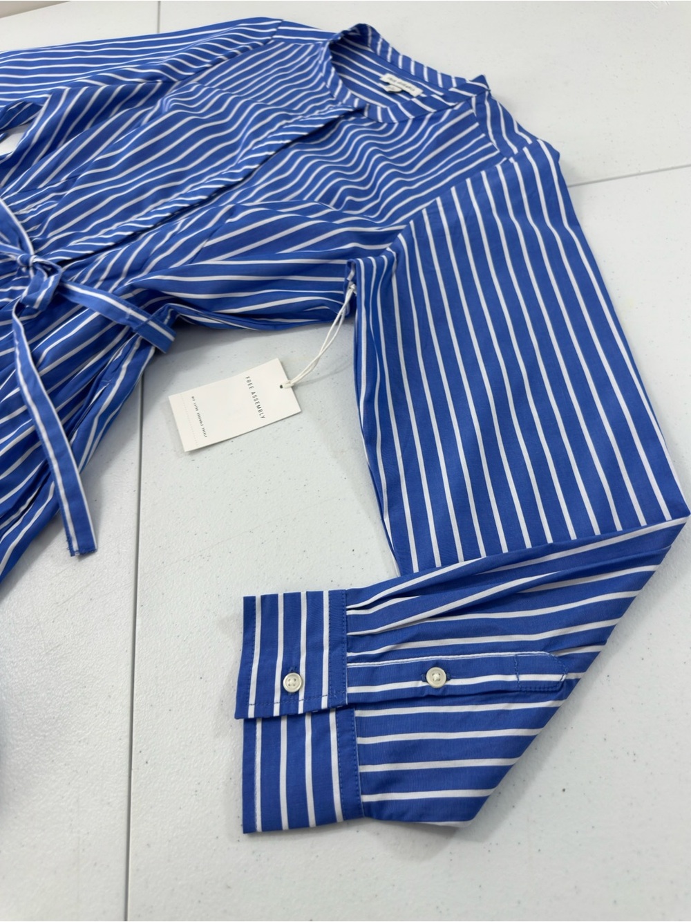 Free Assembly Striped Cotton Midi Shirt Dress Blue White Belted Modest Preppy L - Picture 11 of 14